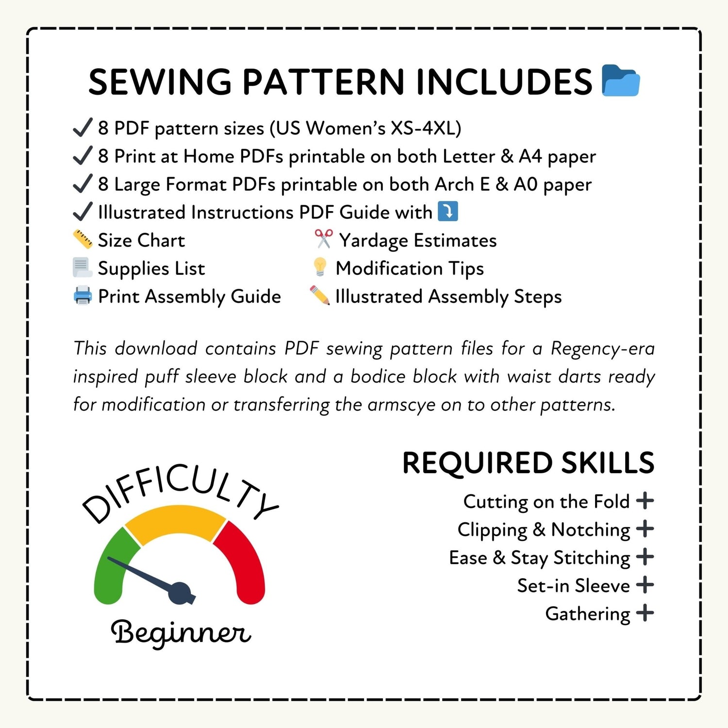 Regency Puff Sleeve Printable Sewing Pattern PDF Sewing Pattern File