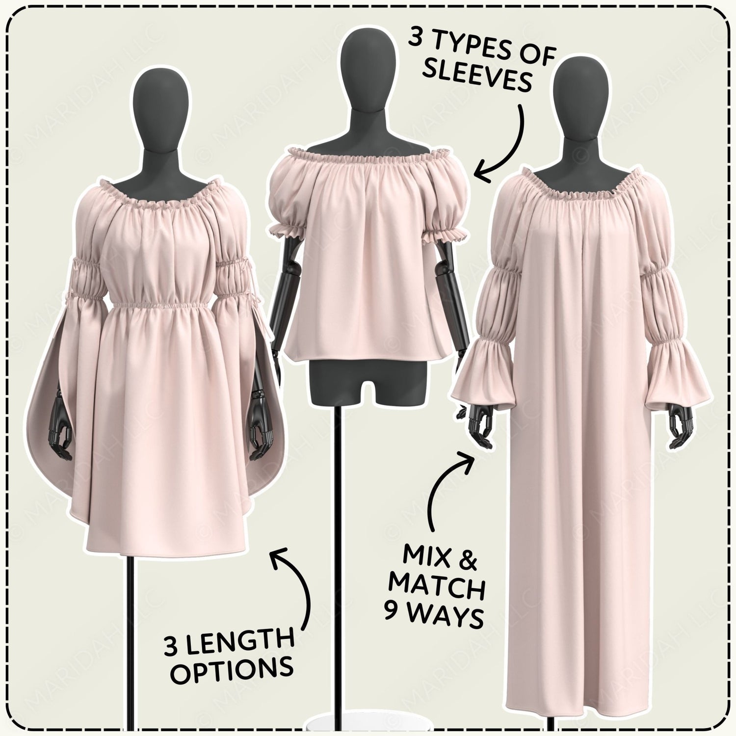 three different styles of off-the-shoulder dresses, each with varying sleeve lengths and designs.