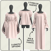 three different styles of off-the-shoulder dresses, each with varying sleeve lengths and designs.