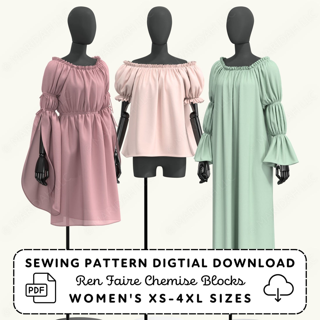 three mannequins wearing dresses in different colors: pink, light pink, and mint green.