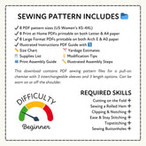 a sewing pattern that includes various sewing pattern files, such as a yardage estimate, a supplies list, and a print assembly guide. The download contains PDF sewing pattern files for a pull-on chemistry with 3 interchangeable sleeves and 3 length options. The sewing pattern includes a variety of skills, such as cutting on the fold, sewing a rolled hem, clipping & notching, ease & stay stitching, topspinning, and sewing buttonholes.