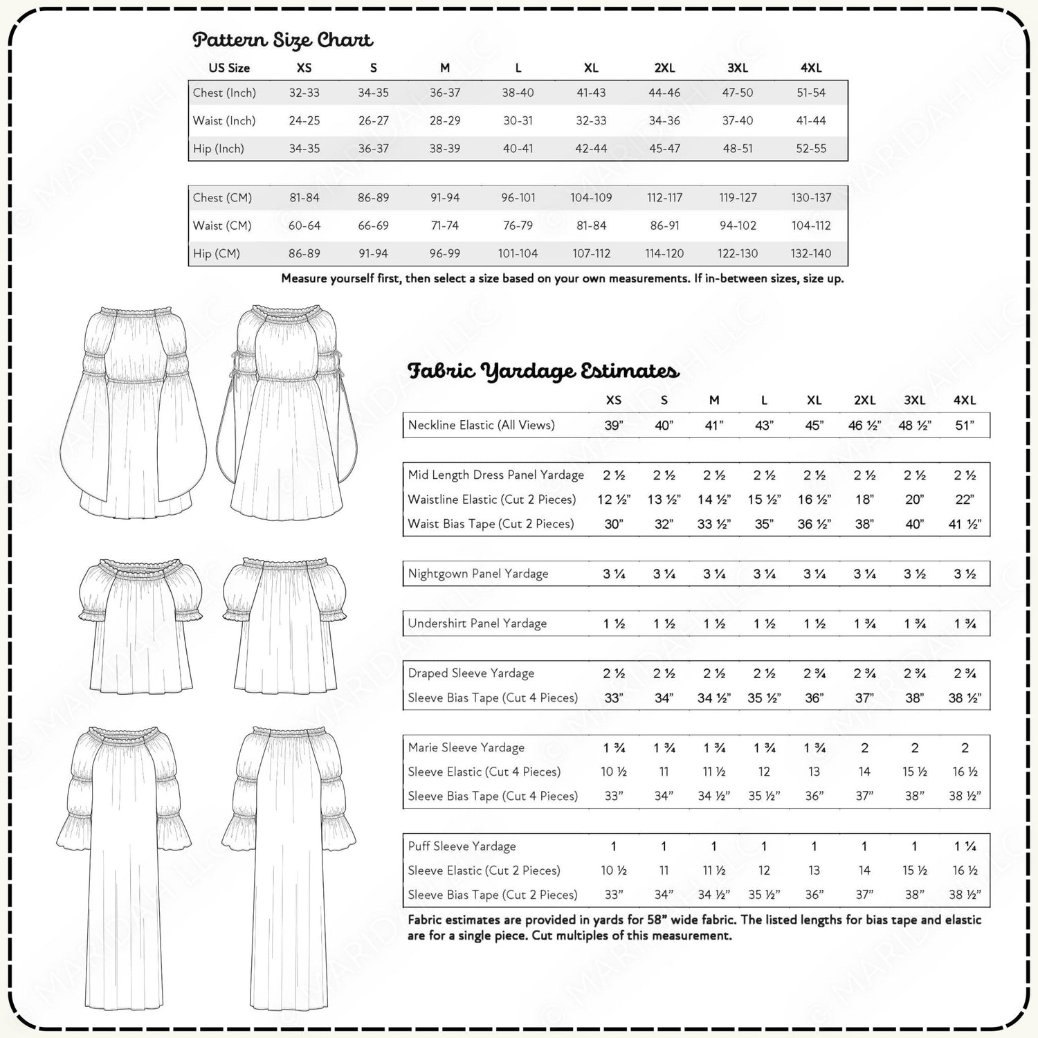 a detailed description of various fabric yardage measurements for different sizes and styles of dresses, including the US size chart and fabric yardage estimates.