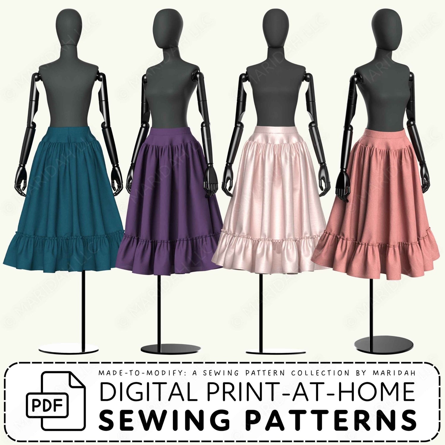 Four mannequins display ruffled A-line skirts in teal, purple, pale pink, and dusty rose, with text at the bottom reading &
