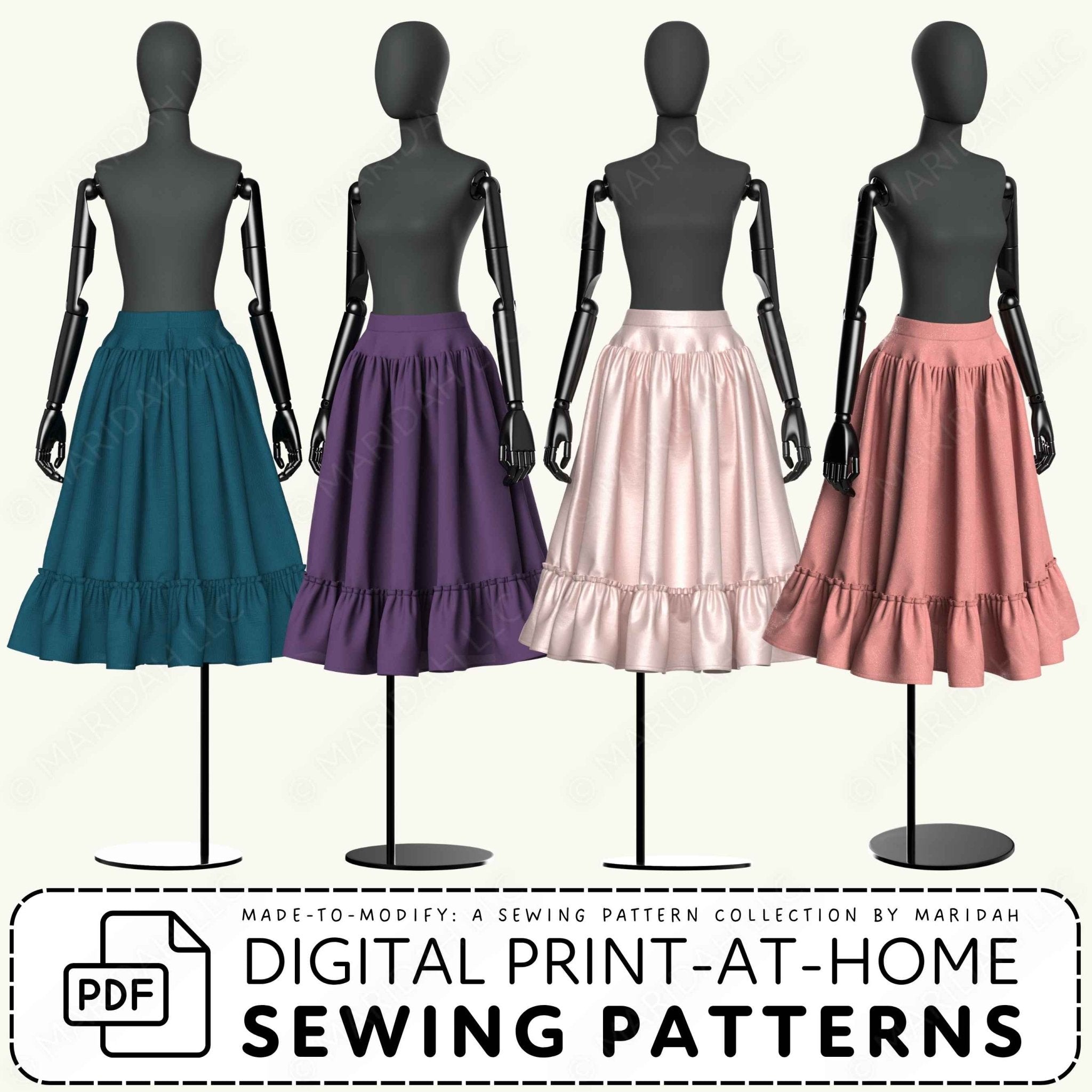 Four mannequins display ruffled A-line skirts in teal, purple, pale pink, and dusty rose, with text at the bottom reading &