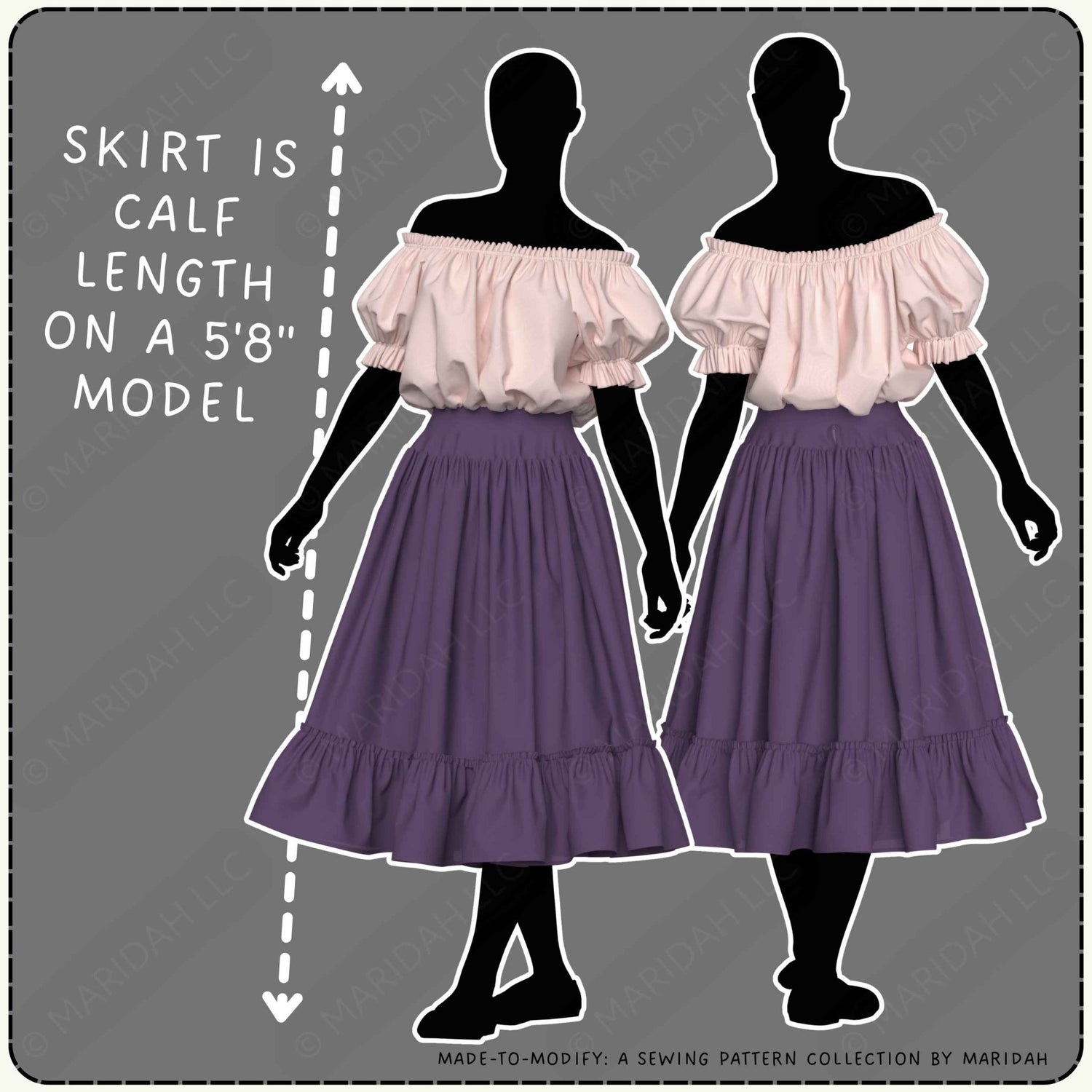 A sewing pattern style graphic showing two black mannequin figures wearing an off-the-shoulder light pink top and a purple tiered skirt. White text reads &