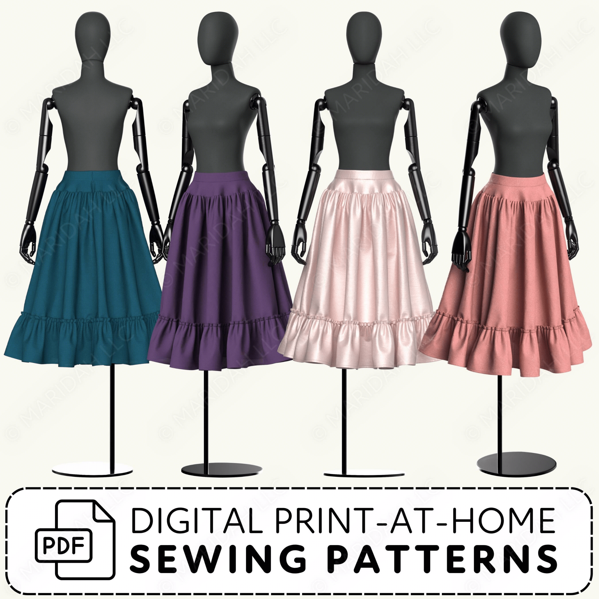 Four mannequins wearing colorful skirts with digital print-at-home sewing patterns text.