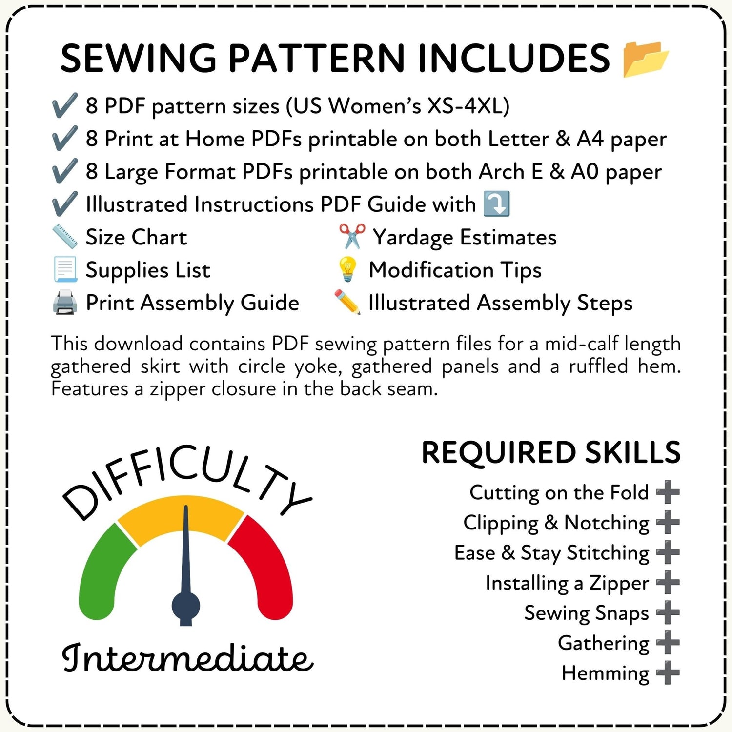 Sewing pattern information with difficulty rating and required skills listed.