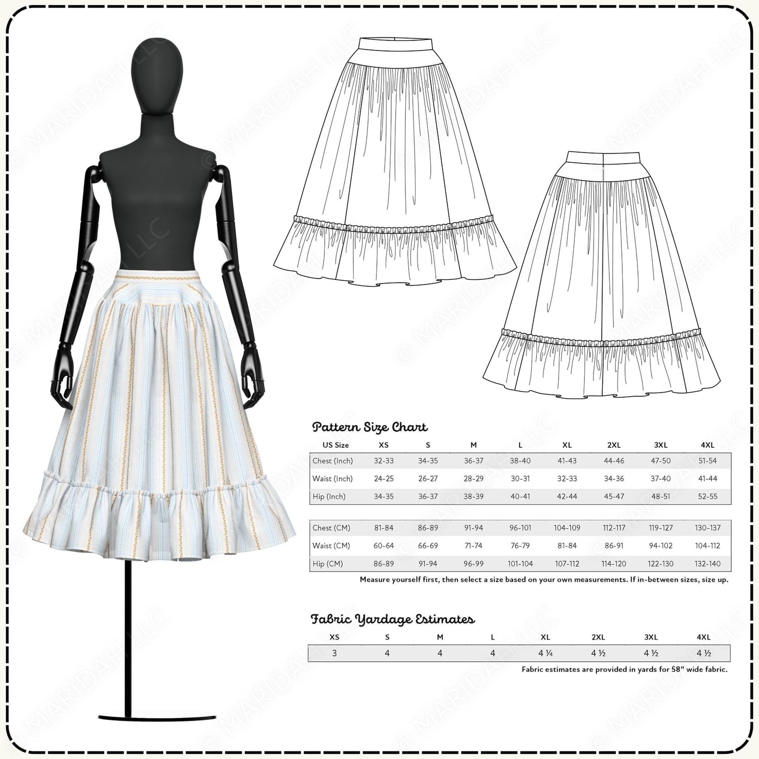 Skirt pattern with mannequin and size chart on a white background