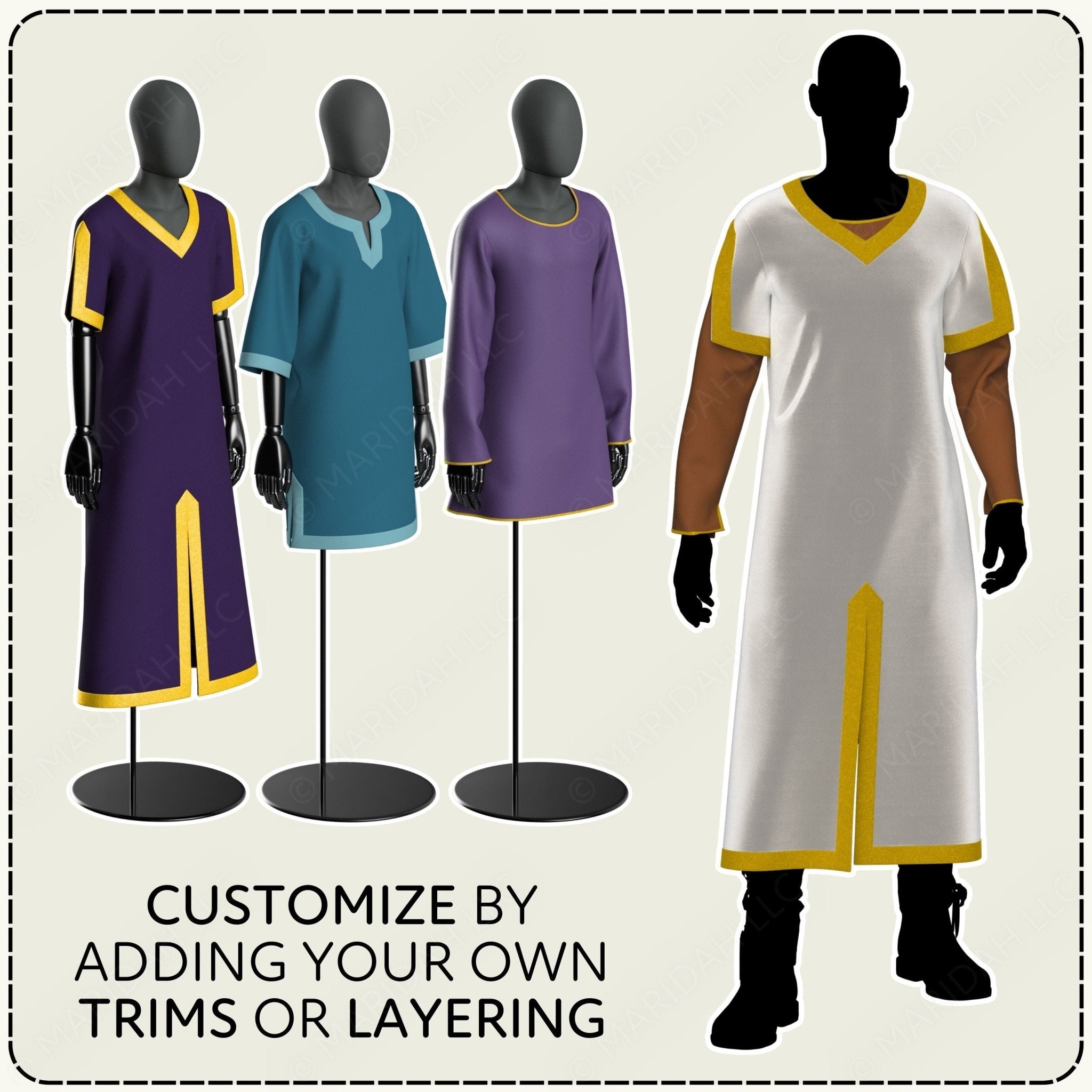 Mannequins wearing customizable outfits with text &