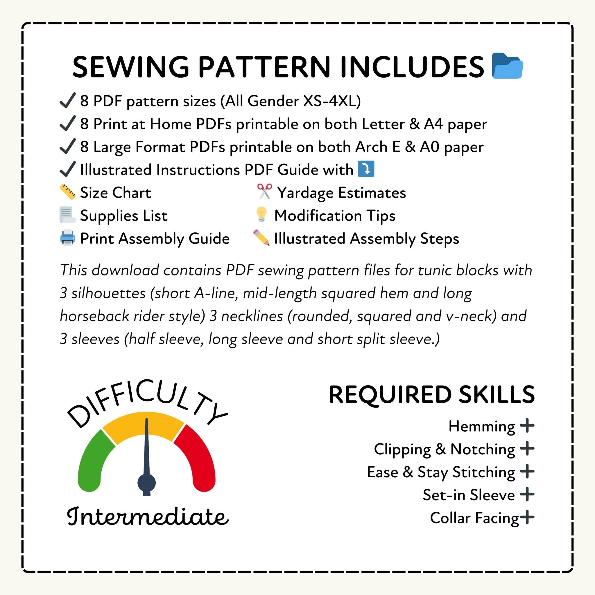 Sewing pattern information with difficulty rating and required skills listed.
