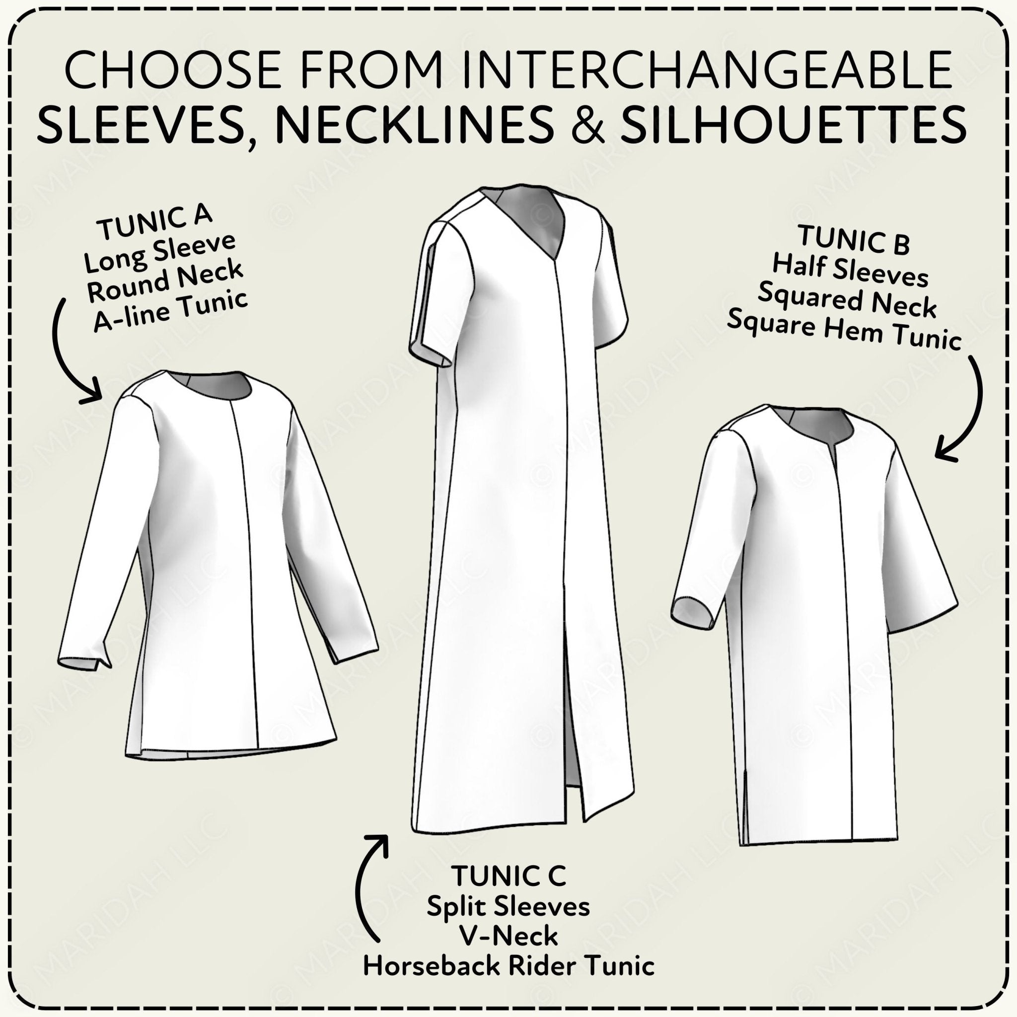 Diagram of three different tunic designs with interchangeable sleeves, necklines, and silhouettes on a light background.