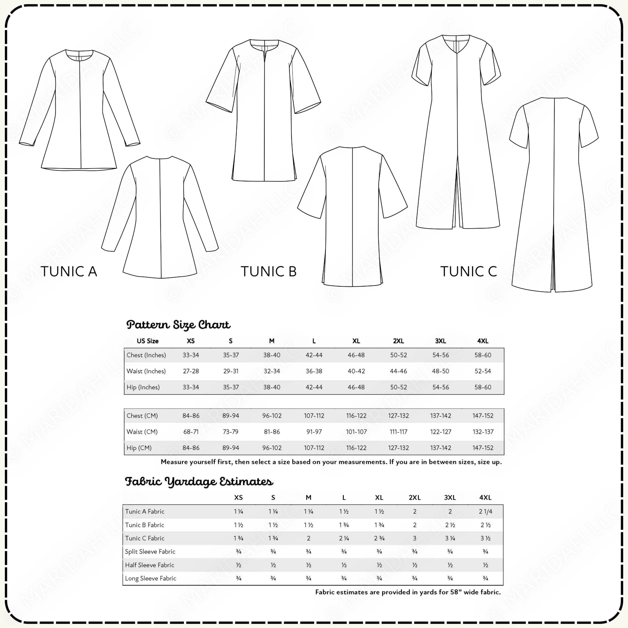 Pattern size chart for tunics A, B, and C with measurements and fabric yardage estimates.
