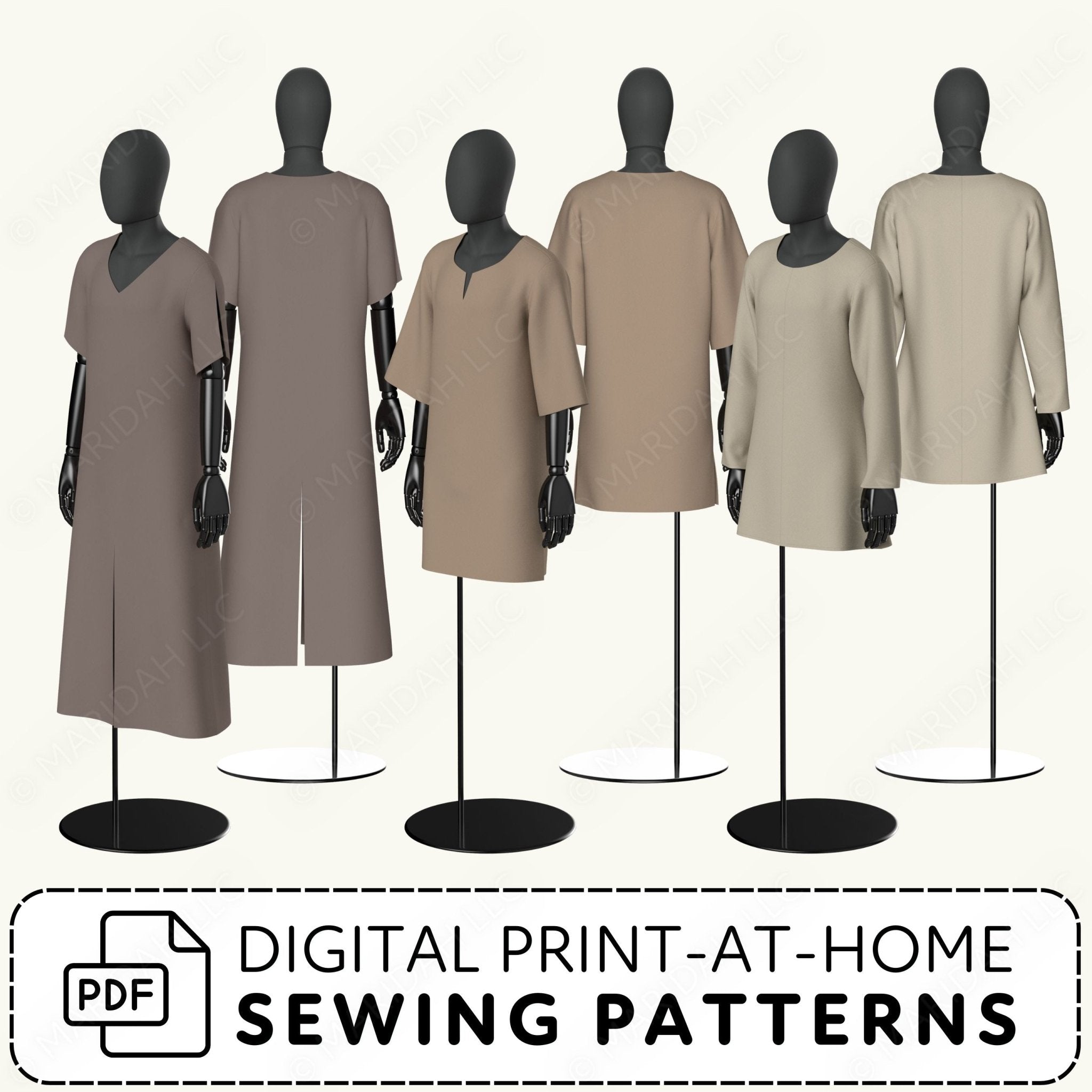 Mannequins wearing beige dresses on black stands with digital print-at-home sewing patterns text.