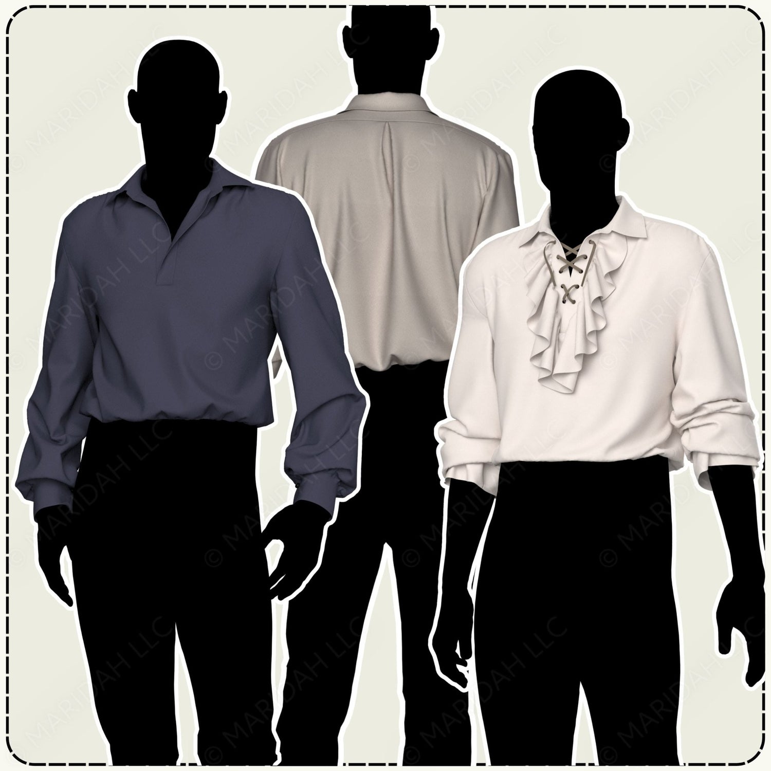 three silhouetted mannequins wearing different types of shirts, including a blue shirt, a white shirt with a ruffled collar, and a white shirt with a lace collar.