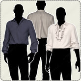 three silhouetted mannequins wearing different types of shirts, including a blue shirt, a white shirt with a ruffled collar, and a white shirt with a lace collar.