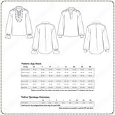 a pattern size chart and fabric yardage estimates for various sizes of shirts, including UK, US, S, M, L, XL, XXL, and THL. The chart provides measurements for chest, waist, hip, and leg sizes, along with corresponding sleeve and collar sizes. The fabric yardage estimate shows the yardage in yards for each size, with additional information about how to adjust the yardage based on the LAPLARFF.