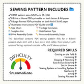 a sewing pattern that includes 8 PDF sewing pattern files for a billety pleated-style shirt with a two-piece shirt collar, front placket with optional lacing, and 2 sleeve options.