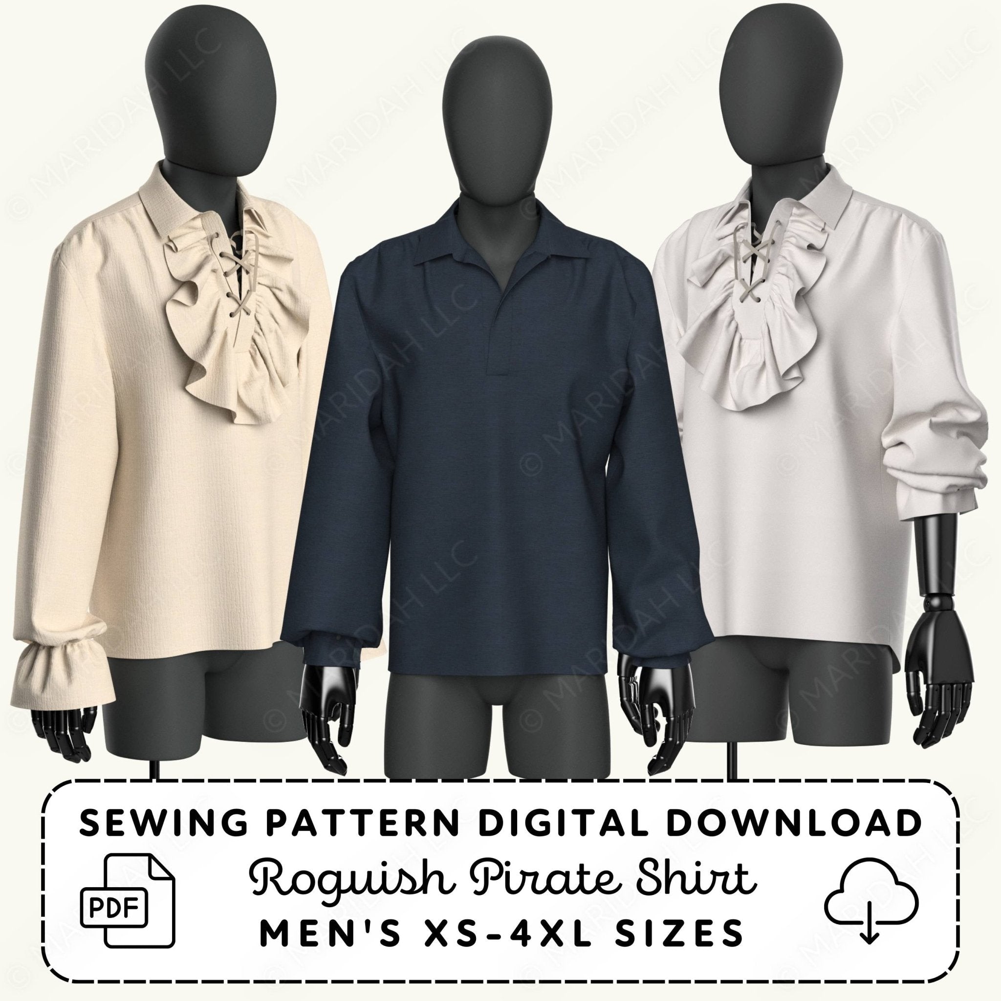 Three mannequins wearing different styles of pirate shirts with a sewing pattern digital download label.