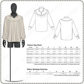 The image is a pattern size chart and fabric yardage estimates for a shirt, with a mannequin model wearing the shirt.