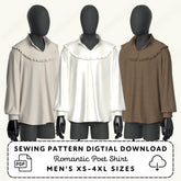 three mannequins wearing different colored shirts, including a white shirt, a brown shirt, and a cream-colored shirt.