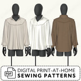 three mannequins wearing different colored shirts, including a white shirt, a brown shirt, and a cream-colored shirt.