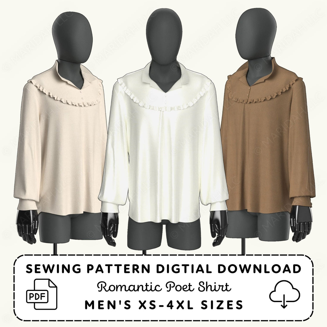 three mannequins wearing different colored shirts, including a white shirt, a brown shirt, and a cream-colored shirt.