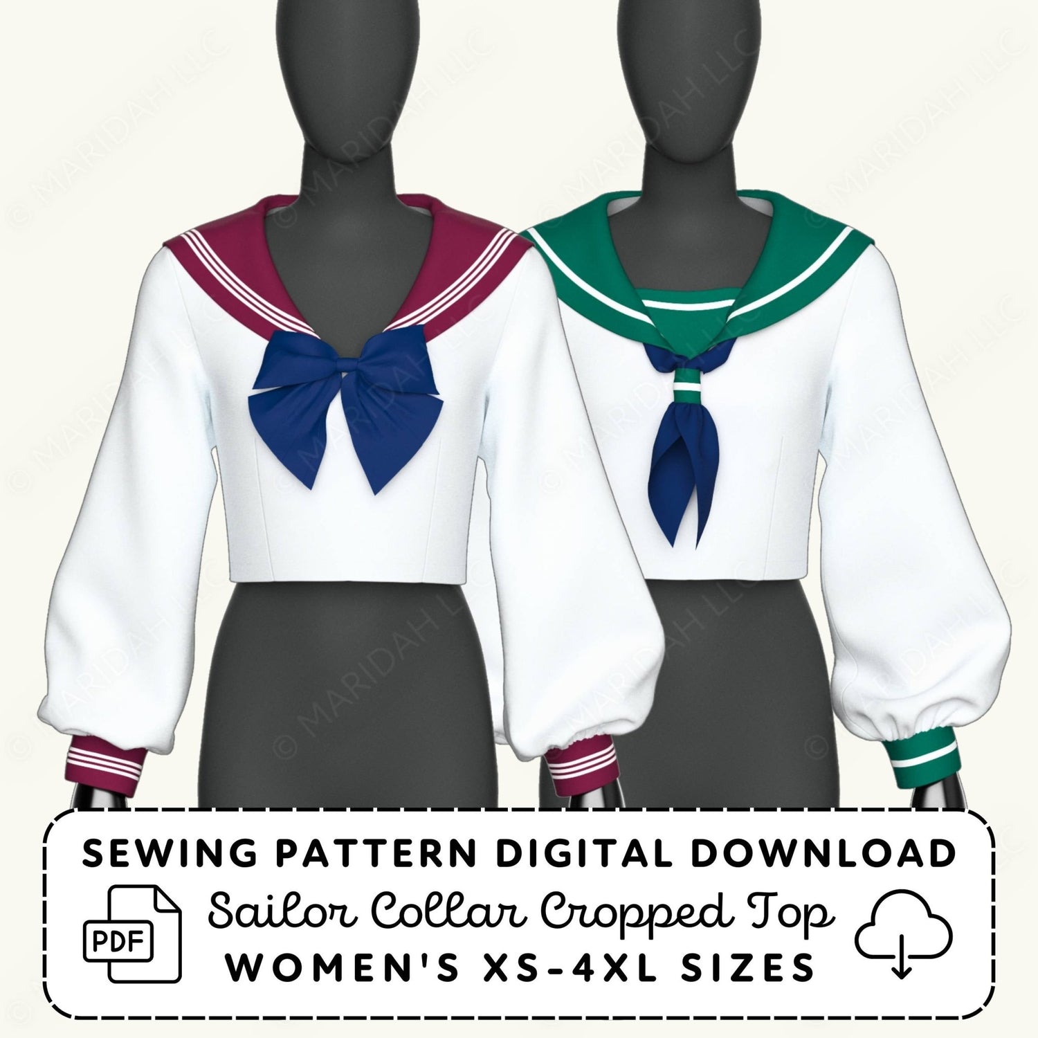 Sailor collar cropped top sewing pattern digital download with mannequins wearing the design.