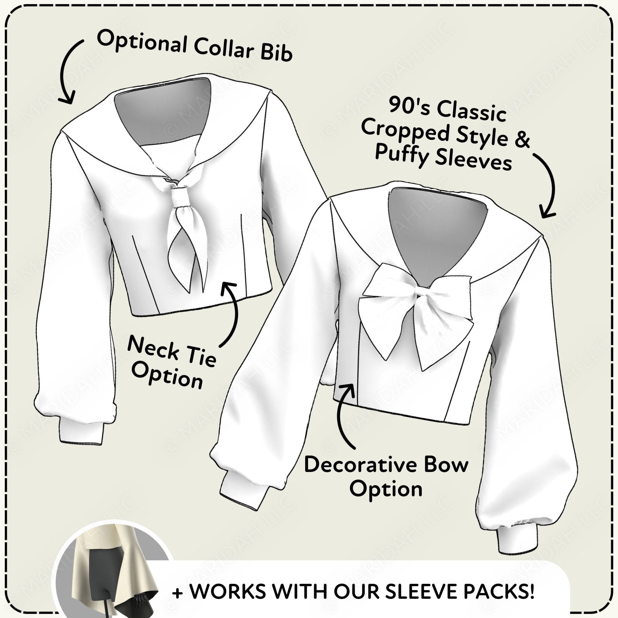 White blouse with various customizable options on a beige background