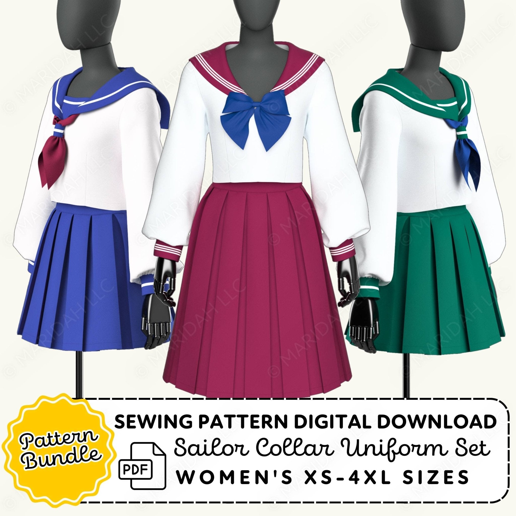 Three mannequins wearing a Sailor Collar Uniform Set with different colored skirts on a white background.