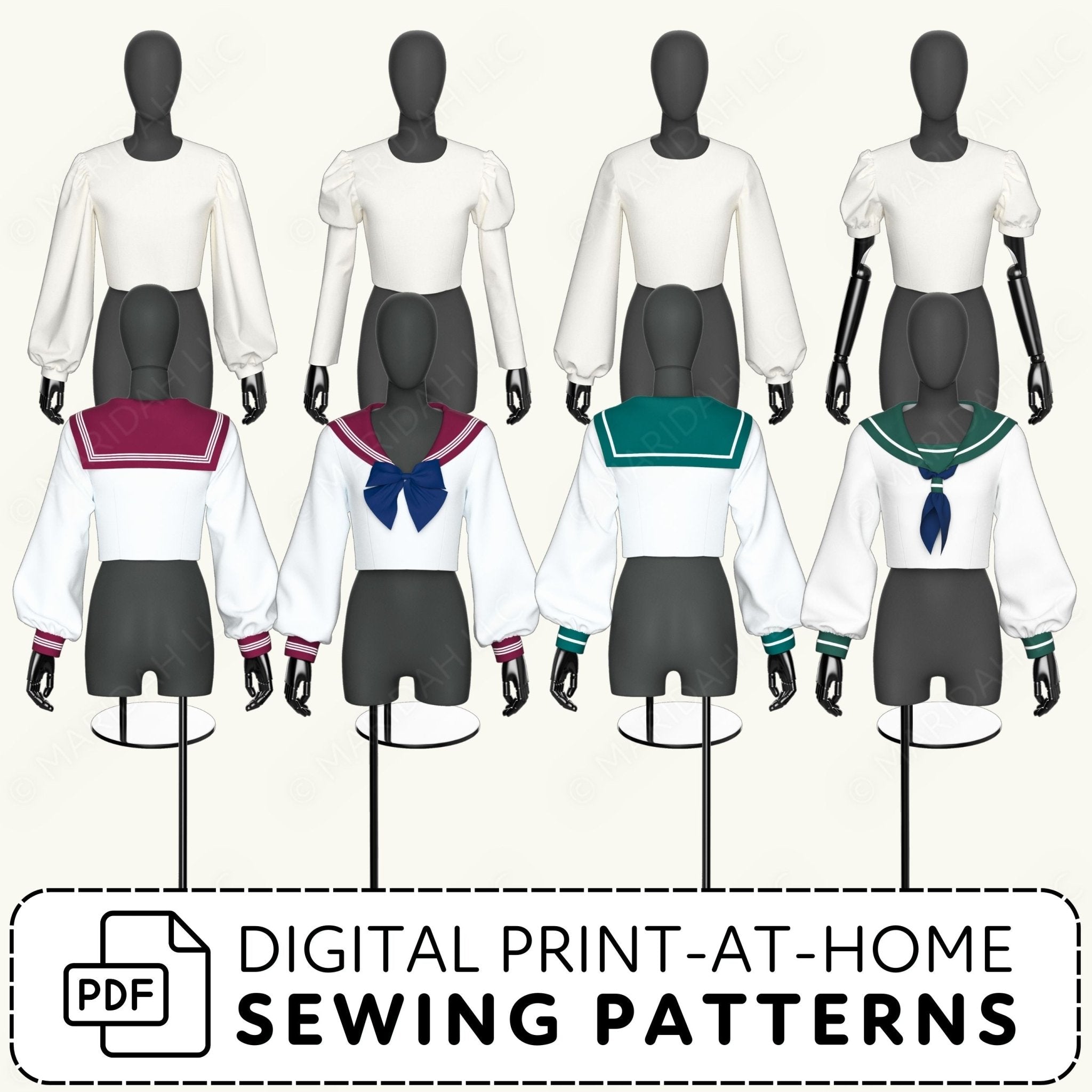 Mannequins wearing white tops with sailor collars on a white background, promoting digital print-at-home sewing patterns.