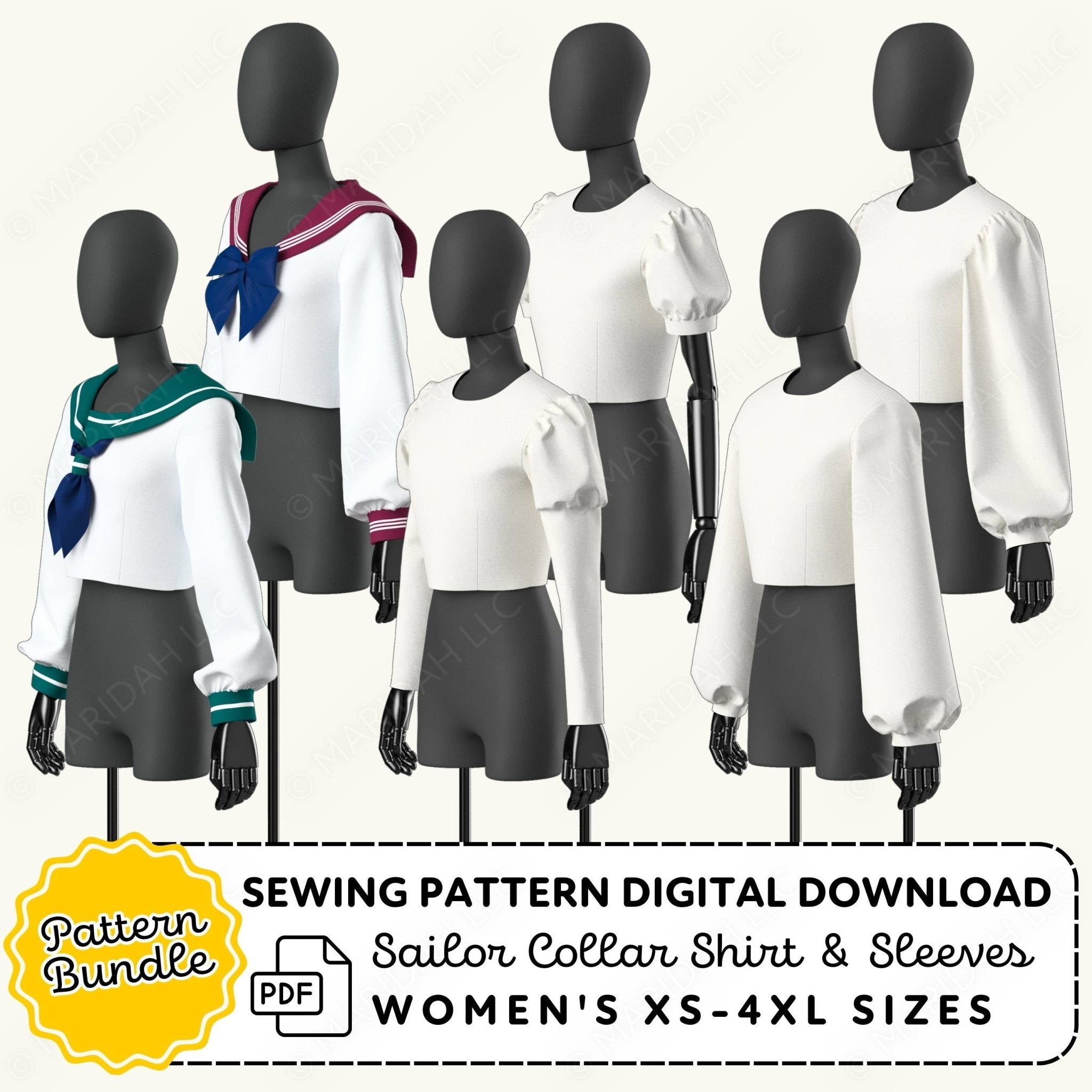 Mannequins wearing white shirts with black skirts and colorful accents, promoting a sewing pattern digital download.