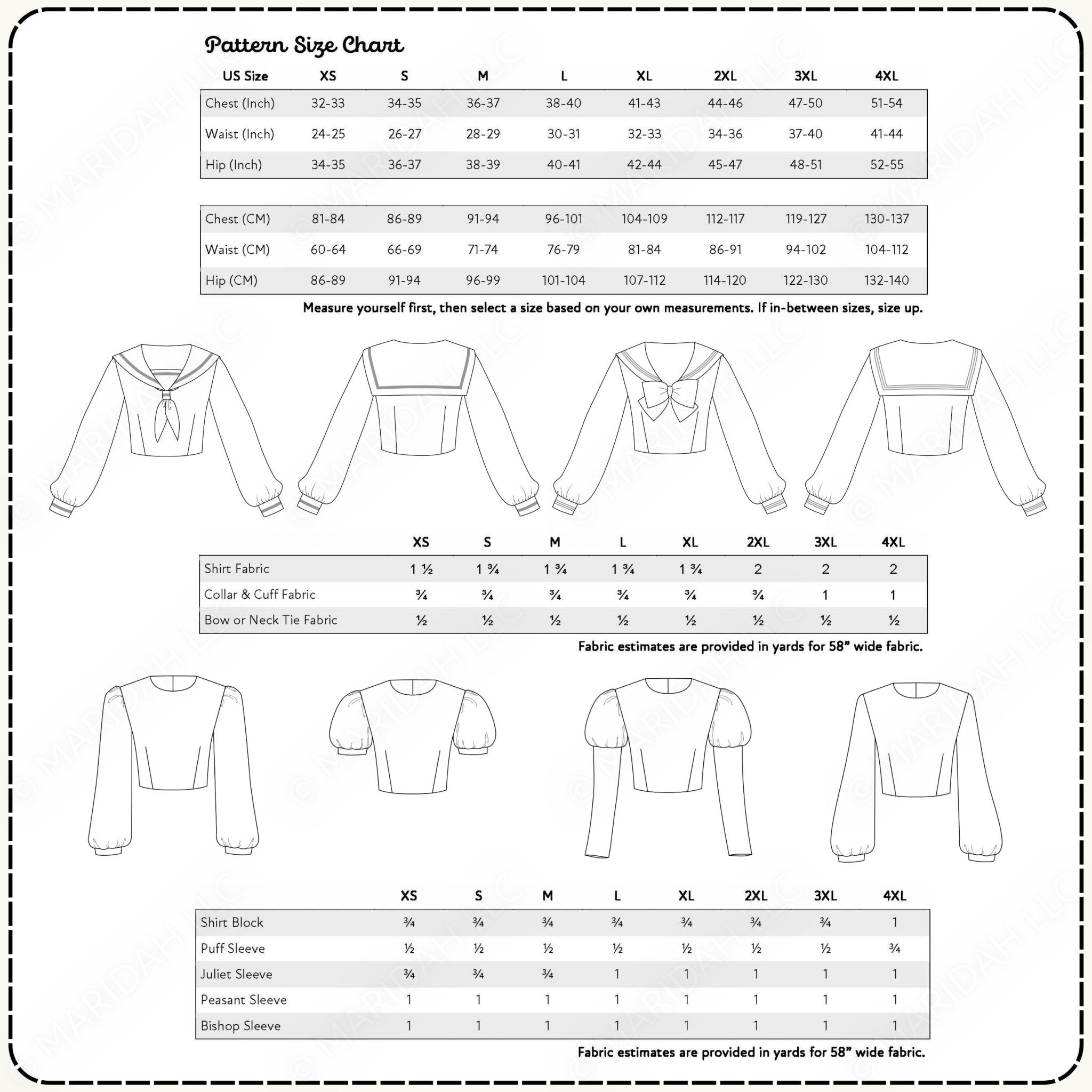 Pattern size chart for shirts with measurements and fabric estimates.