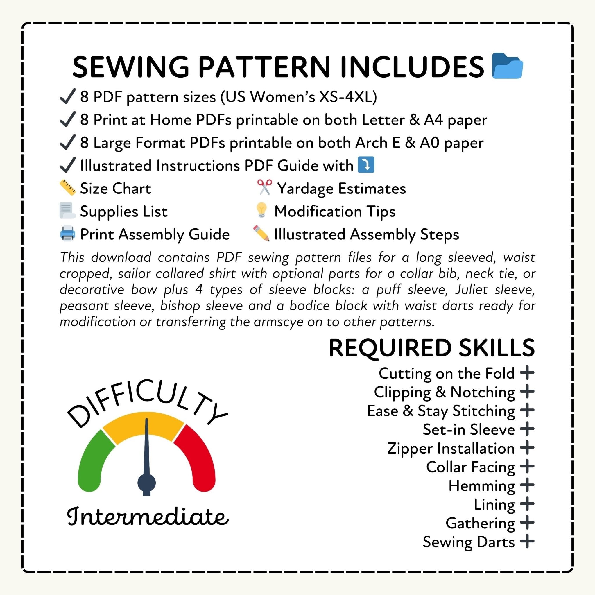 Sewing pattern information sheet with text and icons on a white background