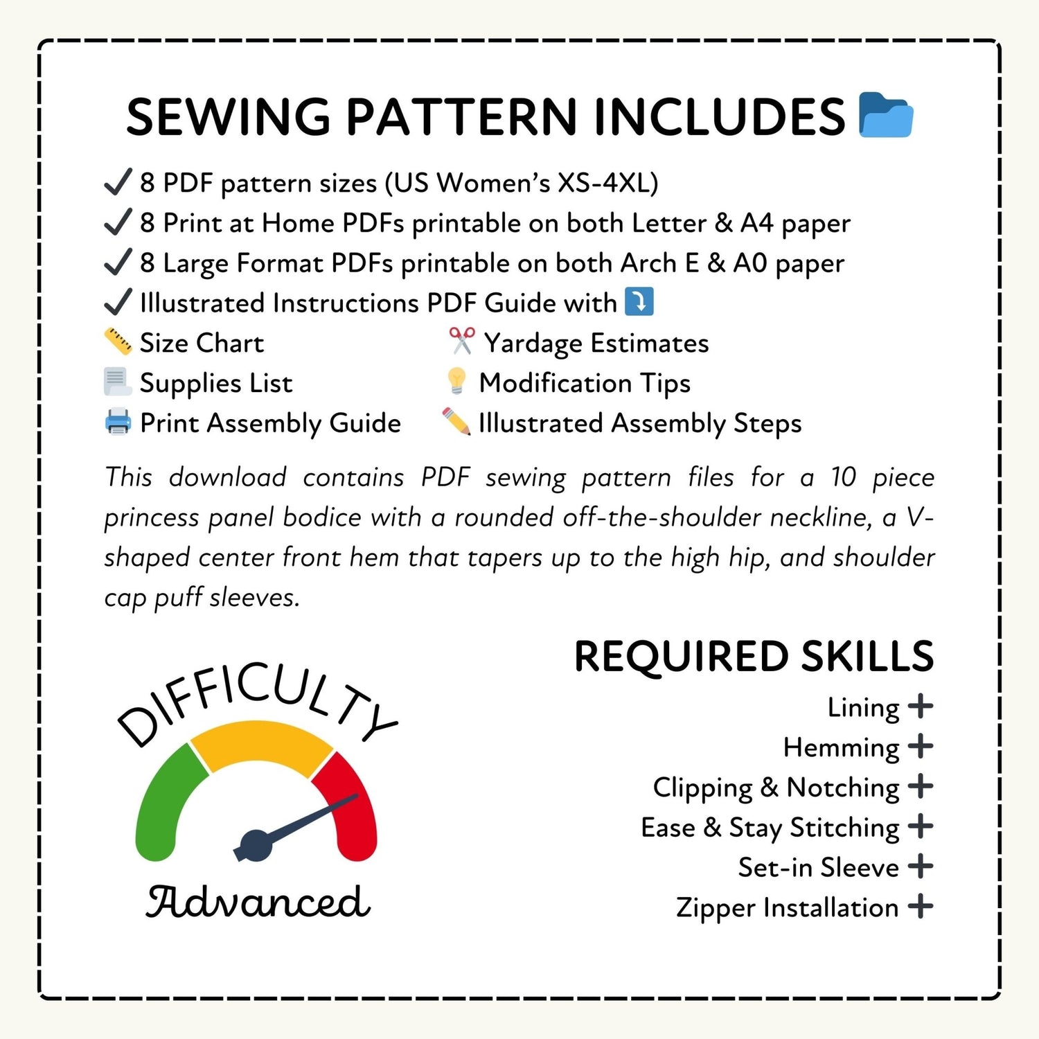 Sewing pattern information with PDF sizes, print formats, and required skills listed.