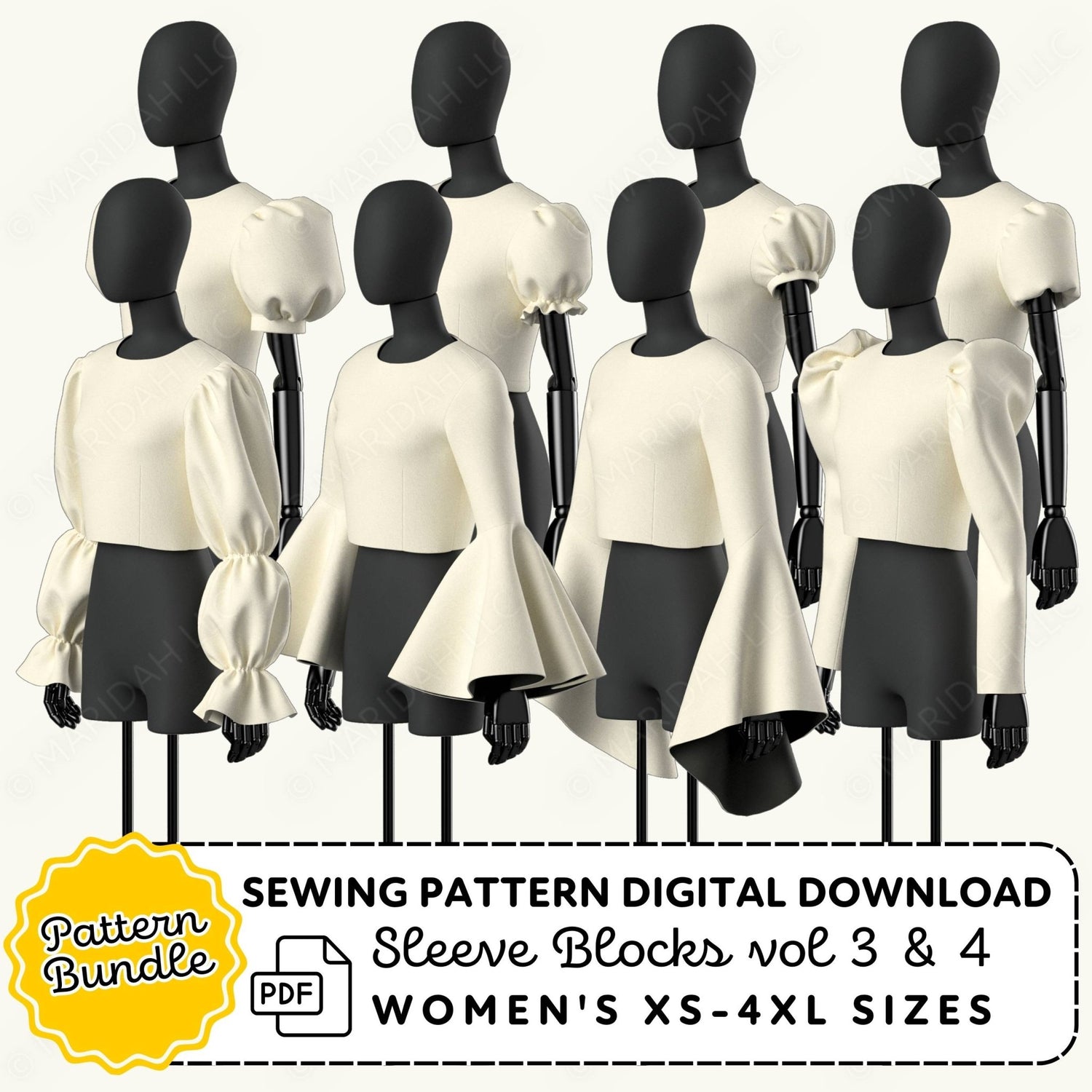 Mannequins wearing white tops with black sleeves on a white background, promoting sewing pattern digital download.