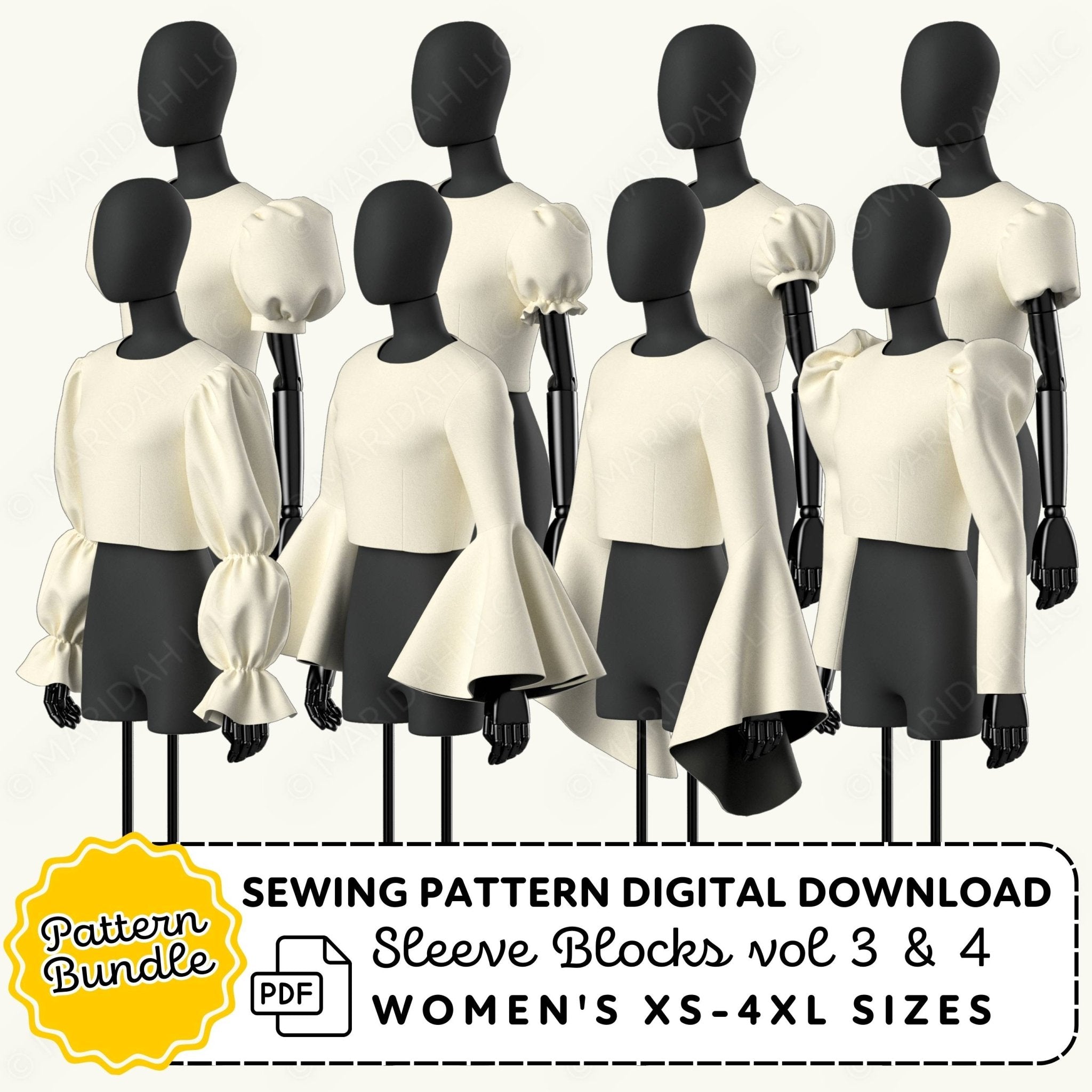 Mannequins wearing white tops with black sleeves on a white background, promoting sewing pattern digital download.