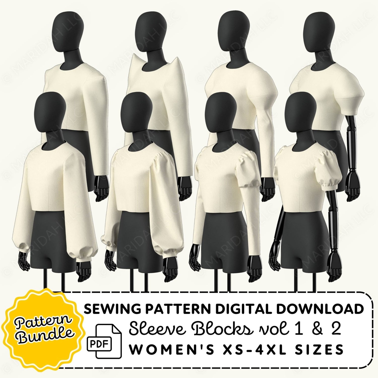 Mannequins wearing white tops and black pants with sewing pattern digital download text.