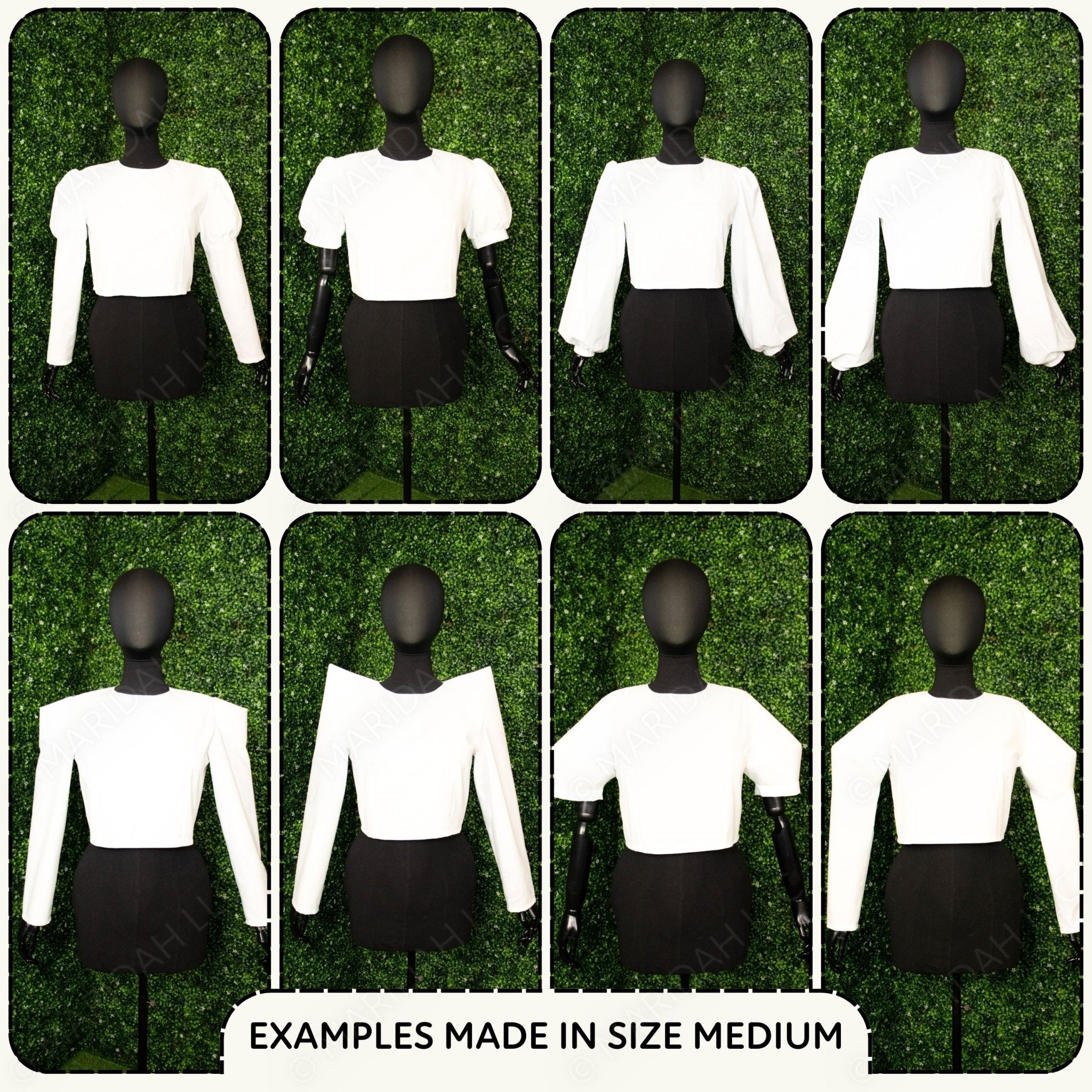 White blouse on black mannequins against a green leafy background