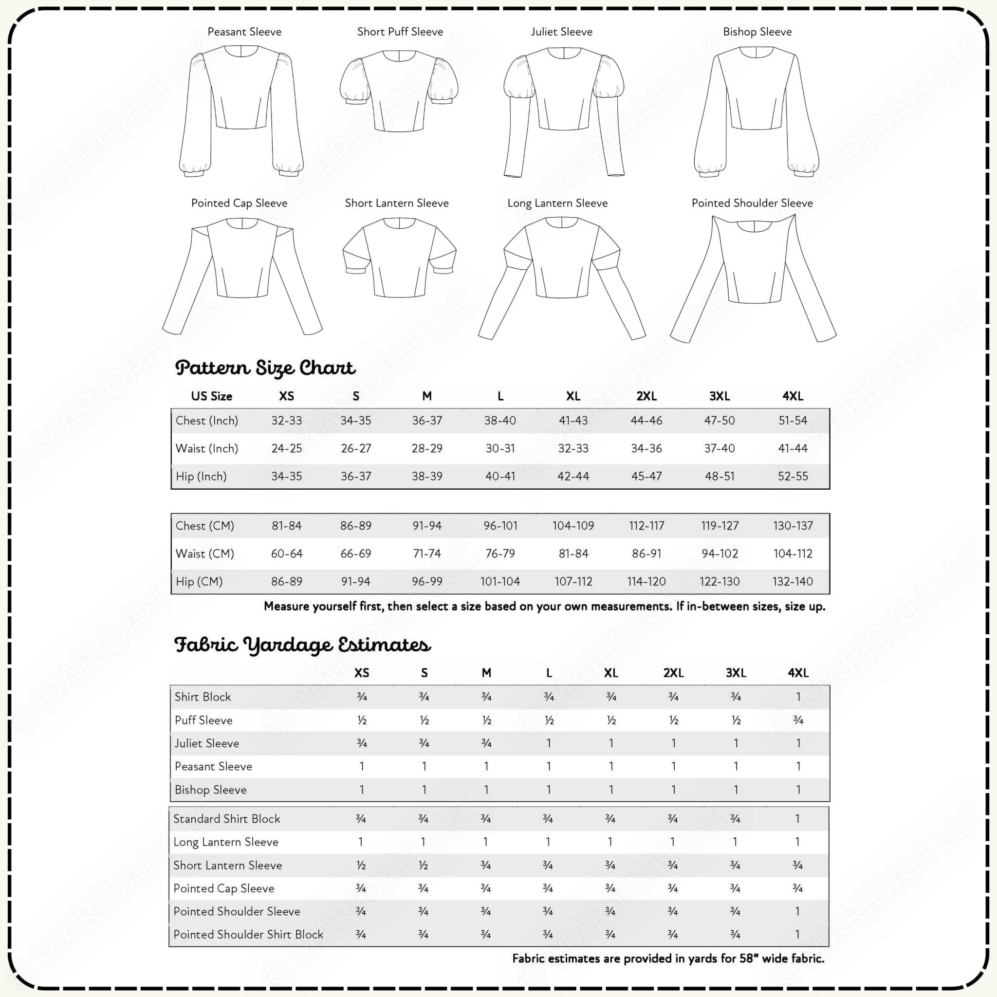 Pattern size chart and fabric yardage estimates for various sleeve styles on a white background.