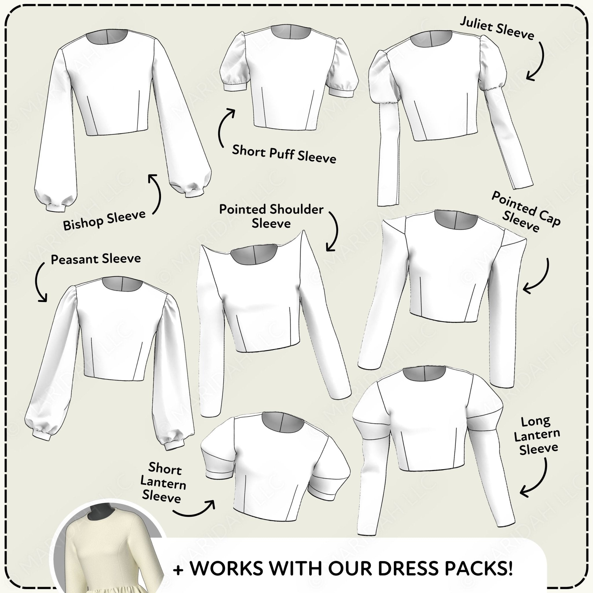 Illustrations of various sleeve styles with labels on a beige background