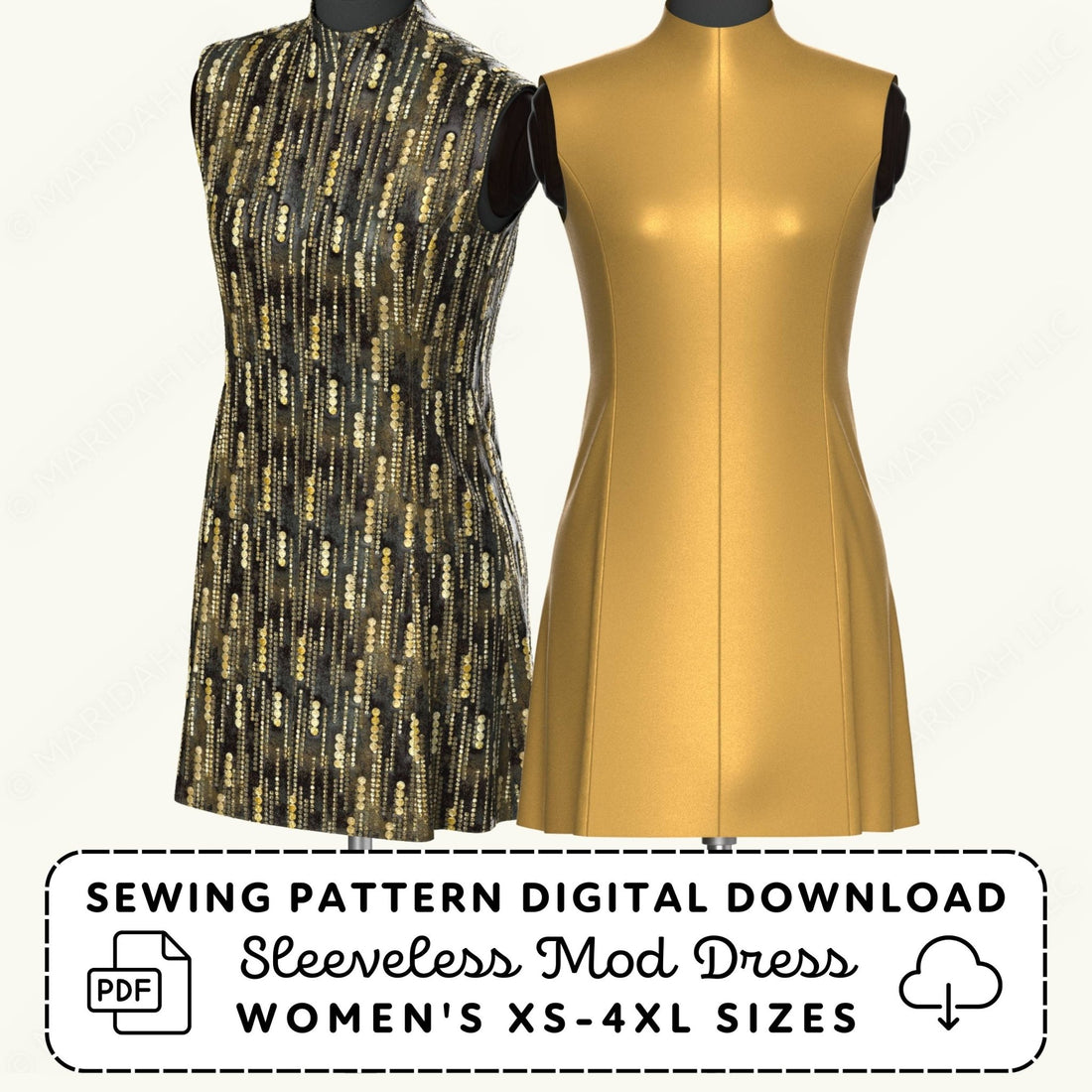 Two sleeveless dresses on mannequins with a sewing pattern digital download label.