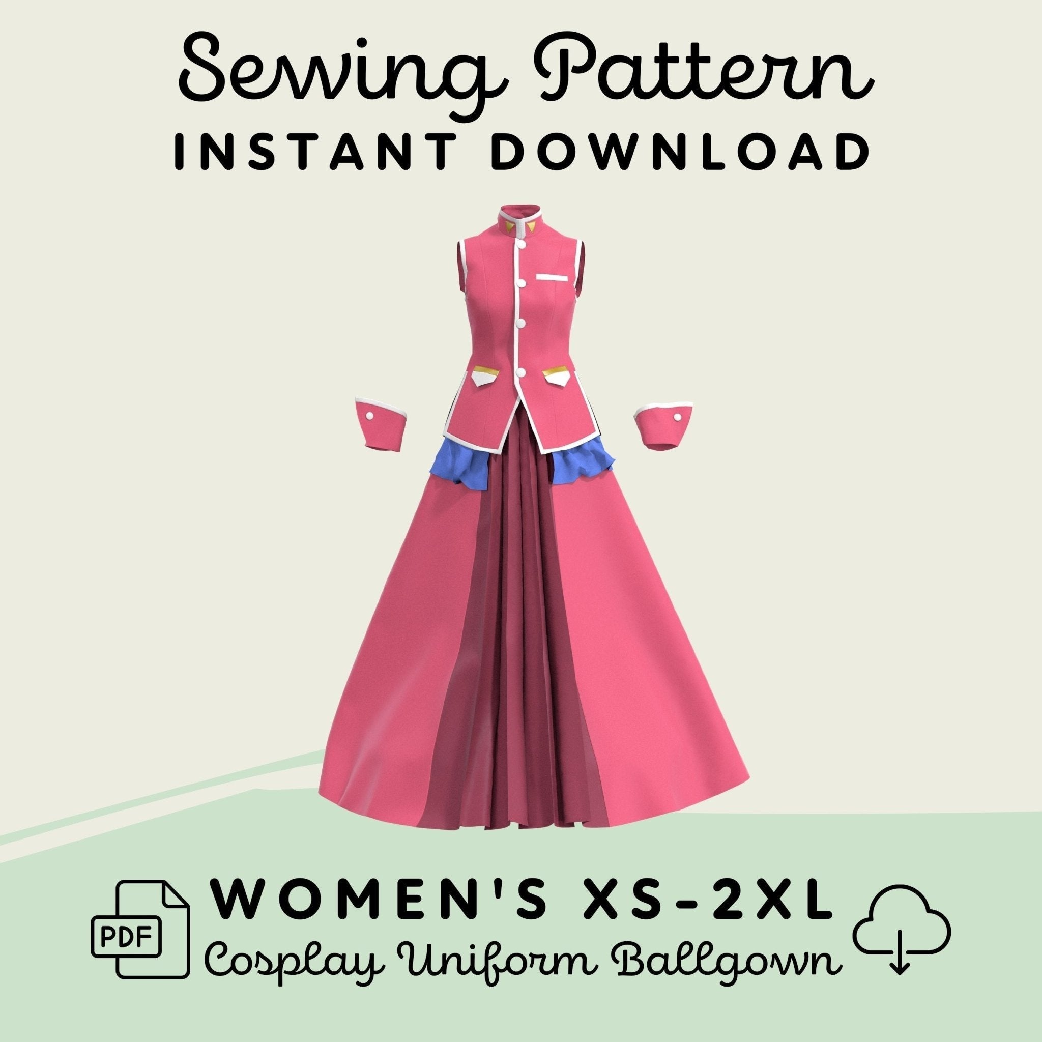 Promotional image for a digital sewing pattern of a sleeveless uniform ballgown, showing the finished garment in pink and the PDF pattern available for download in women&