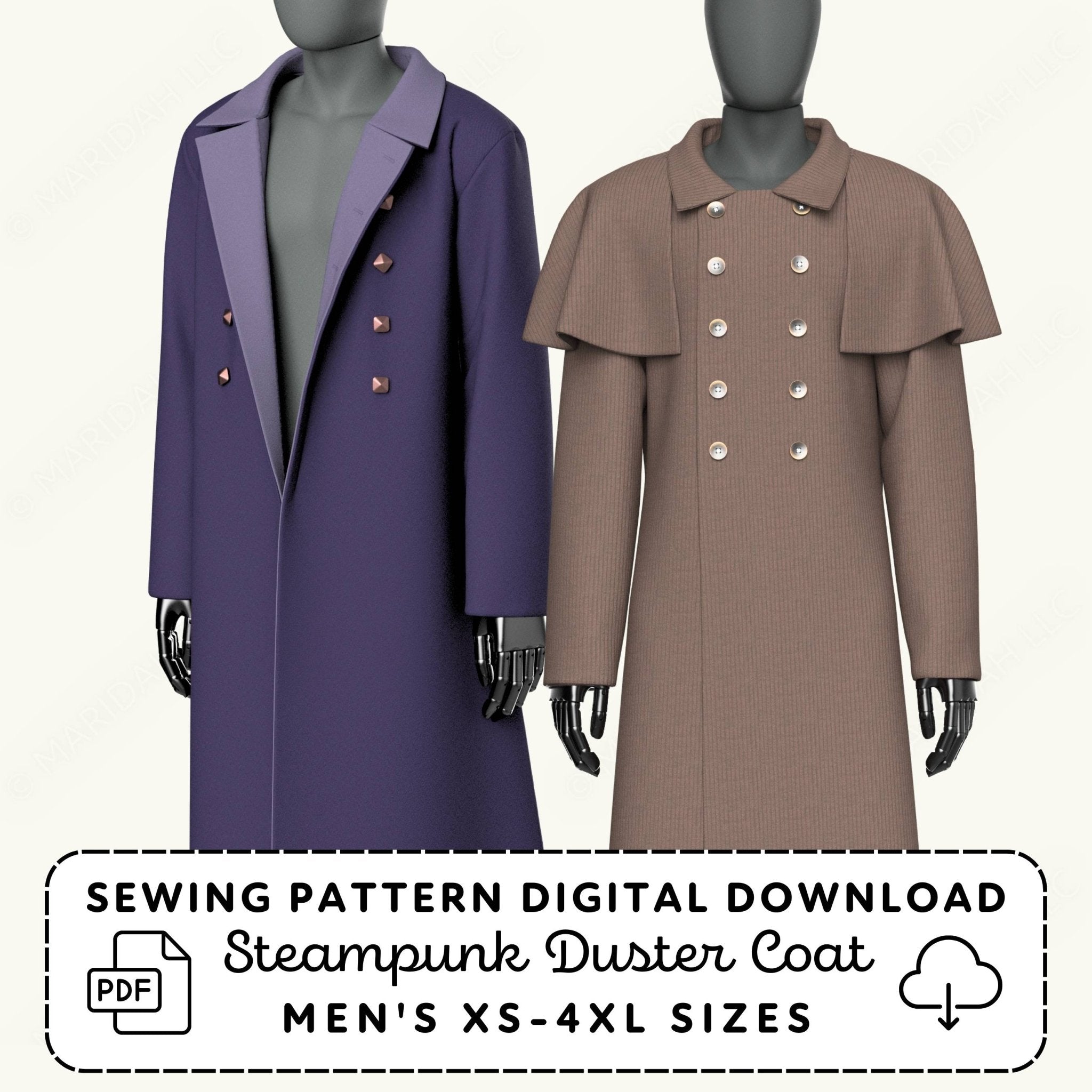 Two mannequins wearing steampunk duster coats with a sewing pattern digital download text.