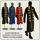 three mannequins wearing different colored coats with gold trim, and there is a silhouette of a person walking in front of the mannequins.