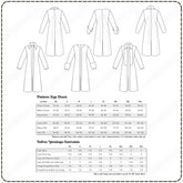 several fashion size charts and fabric yardage estimators for different types of coats and jackets, providing size information based on individual measurements.