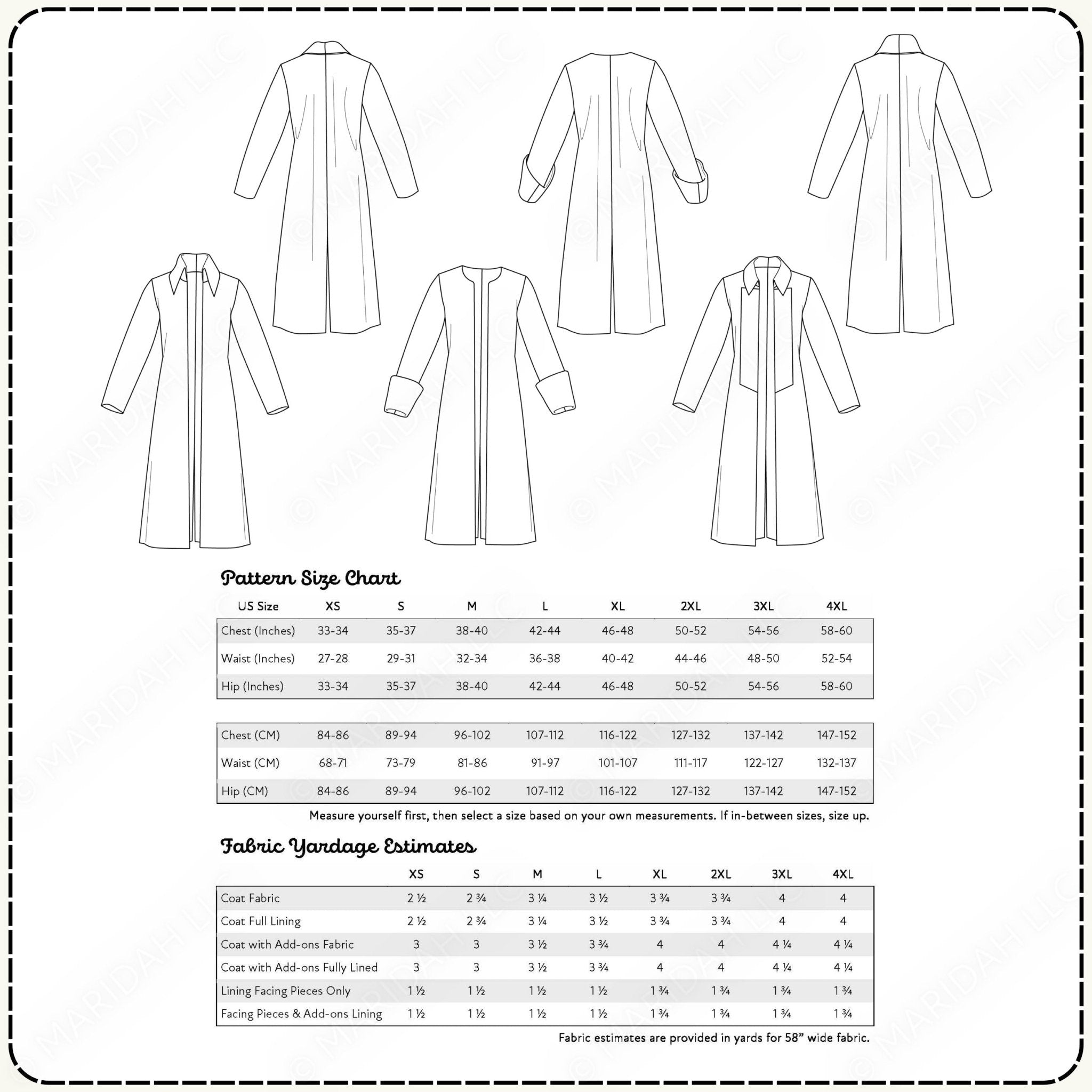 Fabric yardage estimates and pattern size chart for a coat design on a white background