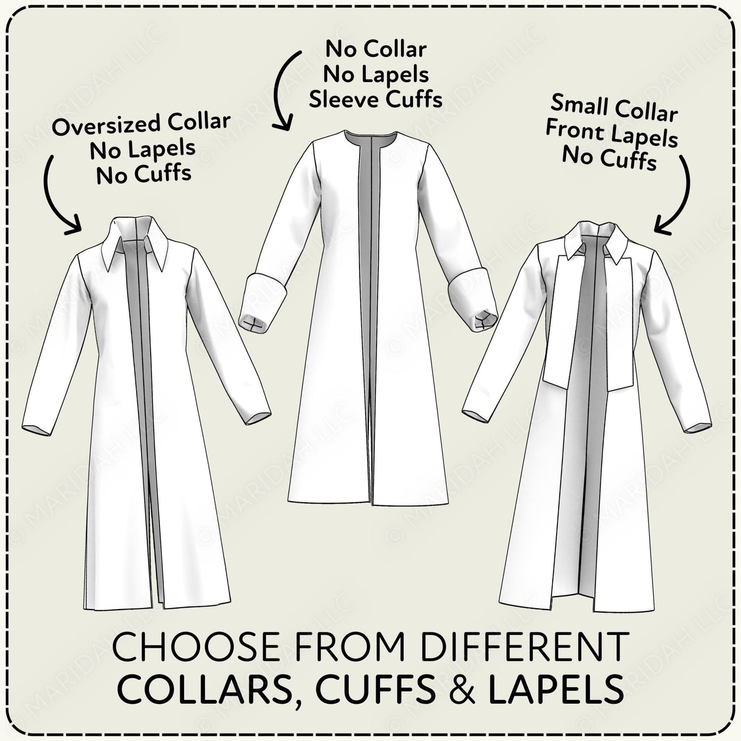 three different styles of coats, each with distinct collar, cuff, and lapel designs.
