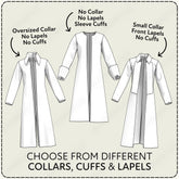 three different styles of coats, each with distinct collar, cuff, and lapel designs.