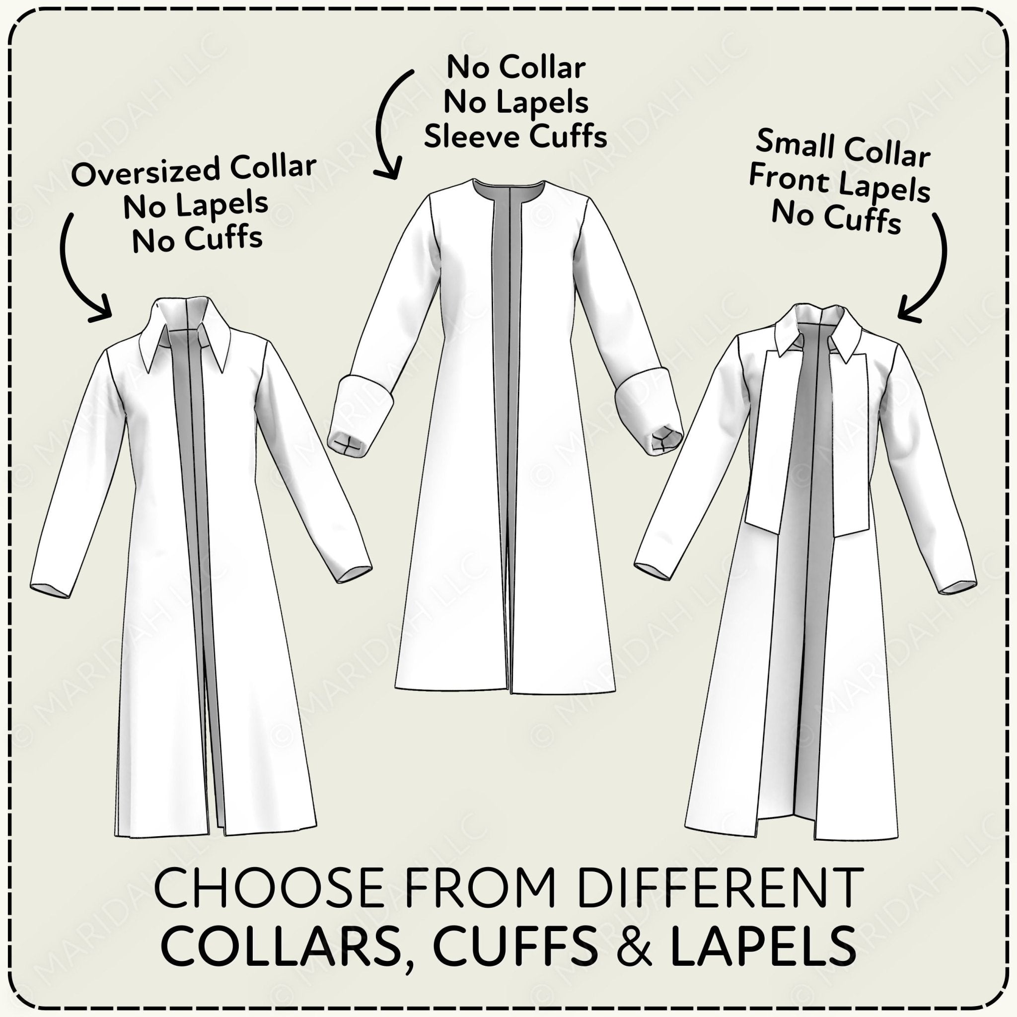 Diagram showing different coat designs with labels for collars, lapels, and cuffs on a beige background.