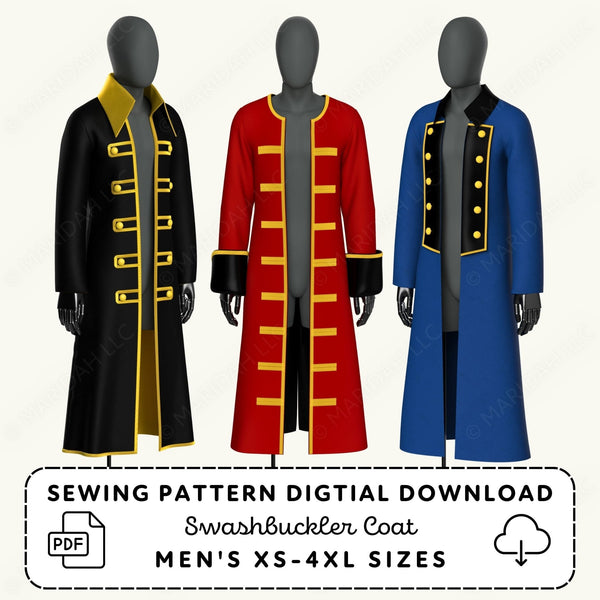 Three mannequins wearing swashbuckler coats in black, red, and blue with a sewing pattern digital download text.